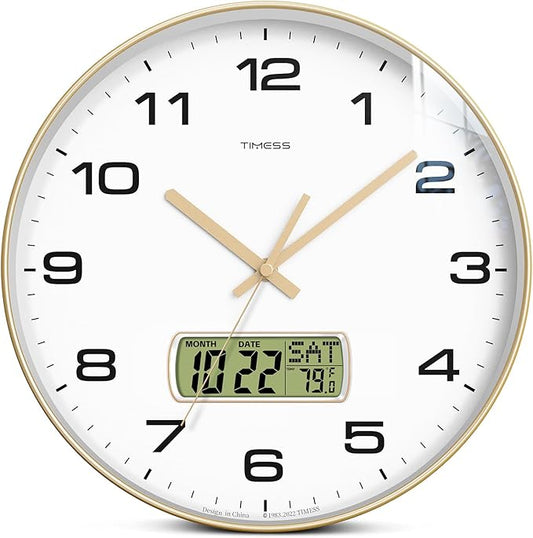 Wall Clock, 12" Dial Non-Ticking Silent Battery Operated Analog with LCD Display for Perpetual Calendar and F° Temperature, Ideal Modern Home, Bedroom, Kitchen, Office Decor (Gold)