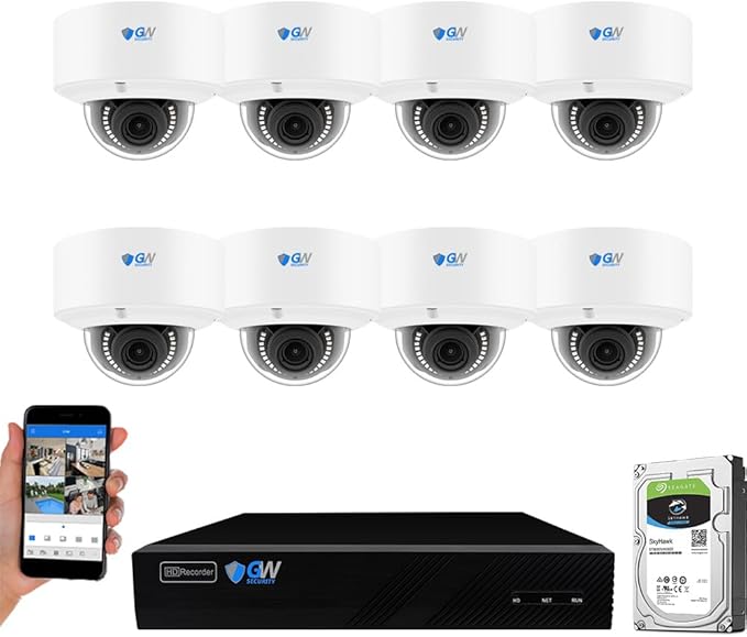 GW Security 8 Channel 8-Megapixel 4K (3840x2160) NVR with (8) UltraHD 4K 8MP 2.8~12mm Varifocal Zoom H.265+ Outdoor/Indoor Waterproof Microphone Audio&Video PoE IP Smart AI Dome Cameras
