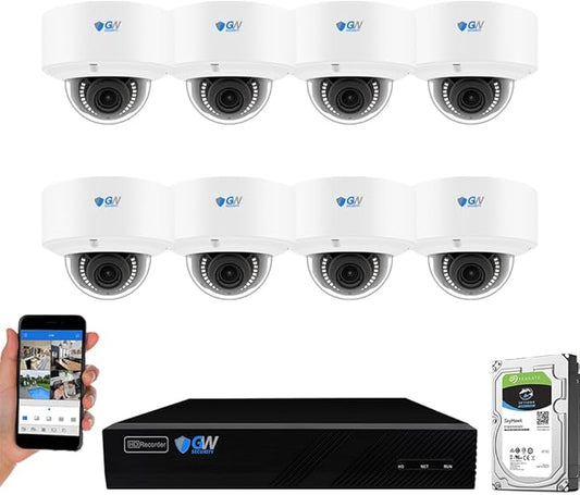 GW Security 8 Channel 8-Megapixel 4K (3840x2160) NVR with (8) UltraHD 4K 8MP 2.8~12mm Varifocal Zoom H.265+ Outdoor/Indoor Waterproof Microphone Audio&Video PoE IP Smart AI Dome Cameras
