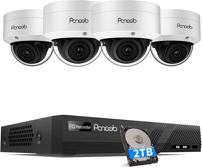 5MP PoE Security Camera System, 4X IK10 Vandal-Proof Dome IP Cameras Outdoor with Person Detection, Built-in Mic, 2.8mm Lens, 100ft IR Night Vision, 4K 8CH NVR with 2TB HDD, PD54A0408-5M2-1