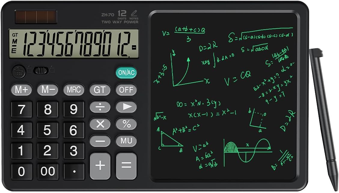 Scientific Calculator with Pull - Out Stylus, 12 - Digit Wide Screen & 100,000+ Reusable Writing Pad, One - Click Clear/Lock, Solar & Battery Dual Power, Portable for School Office Business (Black)