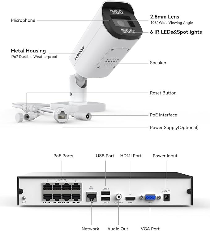 H.VIEW 8 Channels 4K Home Security Camera System, 4TB HDD Preinstalled, 8 PCS Outdoor 8MP POE Security Camera, Trigger Color Night Vision, Two-Way Audio, Human Body Detection, Smart Dual Illumination
