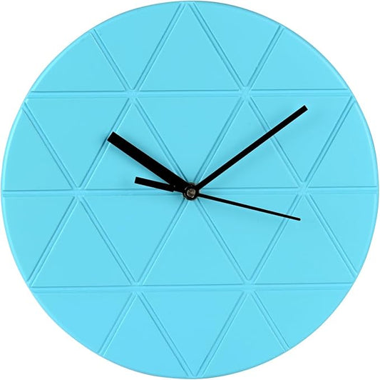 Turquoise Blue Wooden Wall Clock 24cm Round Geometric Triangle Pattern MDF, (Batteries not Included)