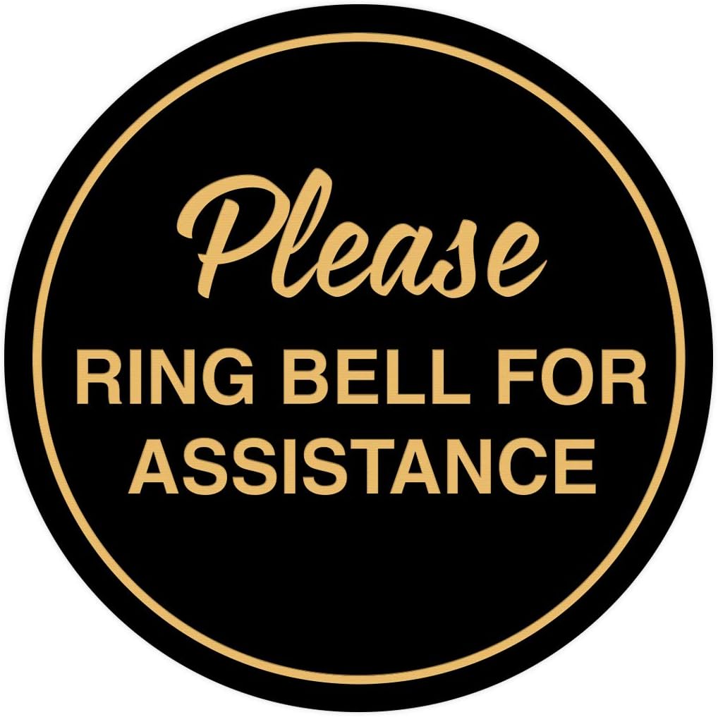 Signs ByLITA Circle Please Ring Bell For Assistance Wall or Door Sign | Easy Installation | Front Desk Reception Sign (Black Gold) - Medium (2 Pack)