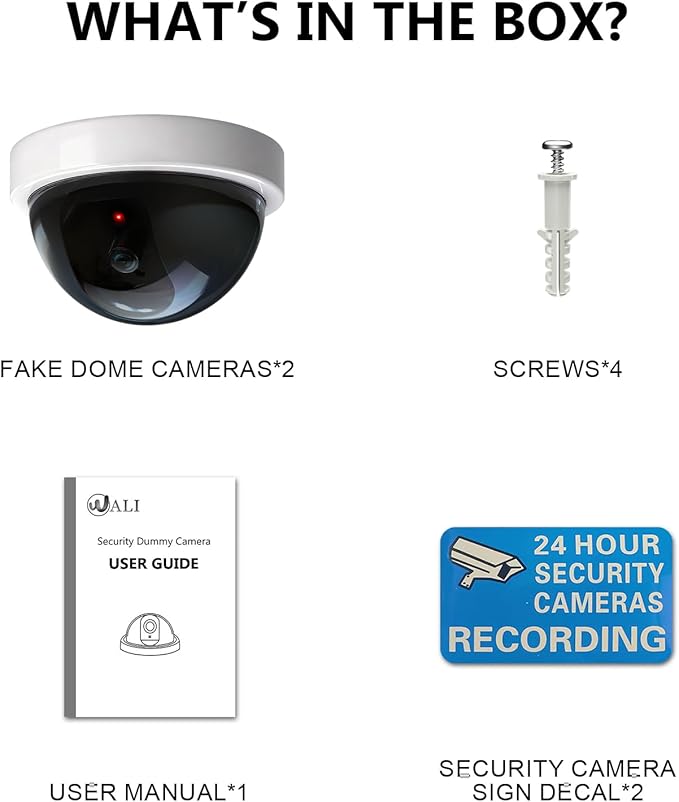 WALI Dummy Fake Security CCTV Dome Camera with Flashing Red LED Light with Security Alert Sticker Decals (SDW-2), 2 Packs, White