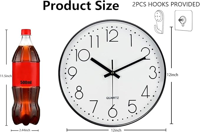 Modern Silent Wall Clock - 12 Inch Wall Clocks Battery Operated Large Number, Non-Ticking Analog Clock with Tempered Glass Quartz Clocks for Living Room Bedroom Office Kitchen, White Black