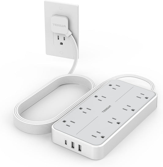 Power Strip Surge Protector 10 FT, TESSAN Flat Plug Extension Cord with 8 Outlets 3 USB Ports(1 USB C), 1080Joules Wall Mountable Multi Port Charging Station for Home Office Dorm Room Essentials