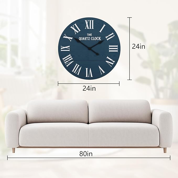 ARTPOWER Large Farmhouse Wall Clock, 24” Shiplap Wall Clock with Roman Numeral, Nearly Non-Ticking, Round Wall Clocks for Living Room Decor, Office, Bedroom, Entrance, Blue