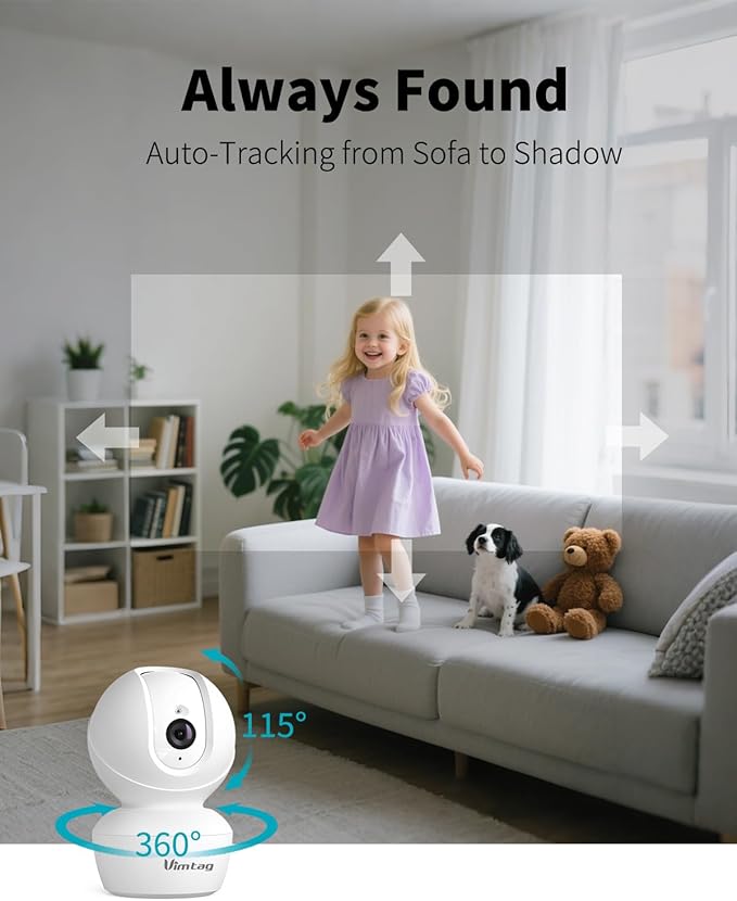 VIMTAG 4MP 5G Security Camera Indoor, Pet Camera with Speaker for Dog/Cat, Free AI Detection Indoor Camera with Phone App, Motion Tracking, Night Vision,2-Way Audio, Support 128GB Card(Not Included)