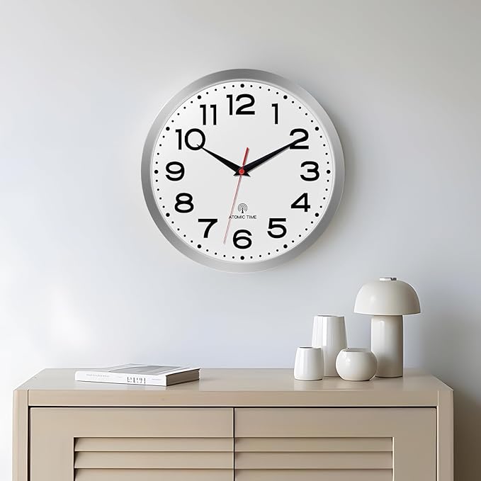 Atomic Wall Clock 14 Inch, Modern Clock Battery Operated Classic Analog Decorative for Kitchen, Living Room, Office, Bedroom, Bathroom (Silver)