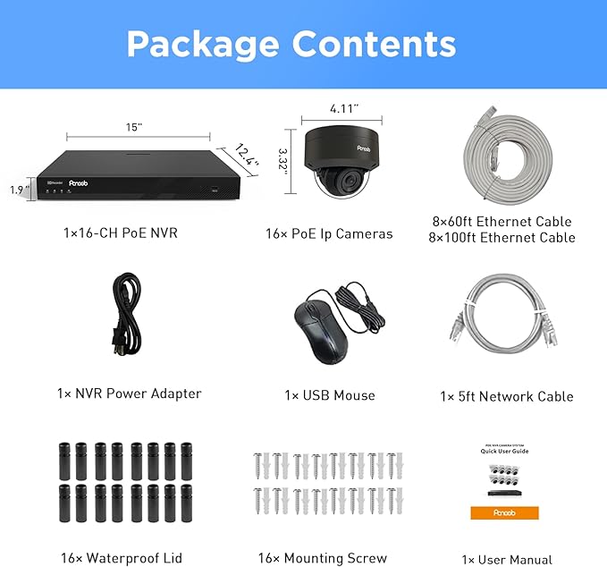 16 Channel Security Camera System 4K PoE, 16x 8MP IK10 Vandal Proof Dome Camera w/Smart Human Vehicle Detection, Wired IP Camera Outdoor Built-in Mic, 4K 8MP 16CH NVR 4TB HDD, PD54B1616-8M