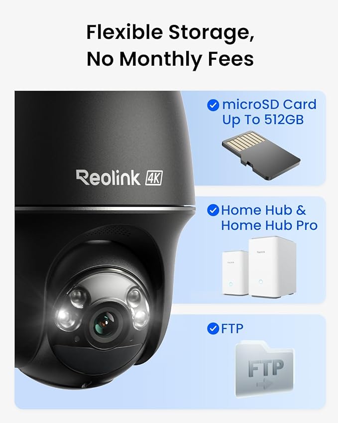 REOLINK 4K Solar Security Cameras Wireless Outdoor, 360° Pan Tilt, 8MP Color Night Vision, 2.4/5 GHz Wi-Fi 6, No Monthly Fee, Home Hub Compatible, Argus PT 4K+ 3W Solar Panel (Black)