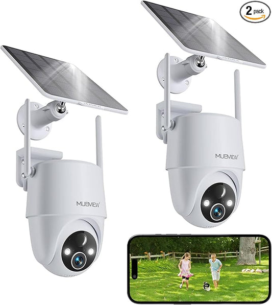 MUBVIEW 2K Solar Security Cameras Wireless Outdoor, 360° PTZ Battery Powered Outdoor Camera, 2.4Ghz WiFi Home Security Camera, Color Night Vision, Motion Detection, 2-Way Audio, 2-Pack