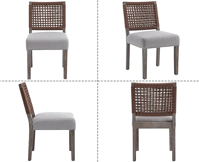 Kmax Farmhouse Dining Chairs Set of 6, Rustic Kitchen Chairs with Linen Fabric Seat and Woven Back, Vintage Accent Chairs for Dining Room, Living Room, Grey