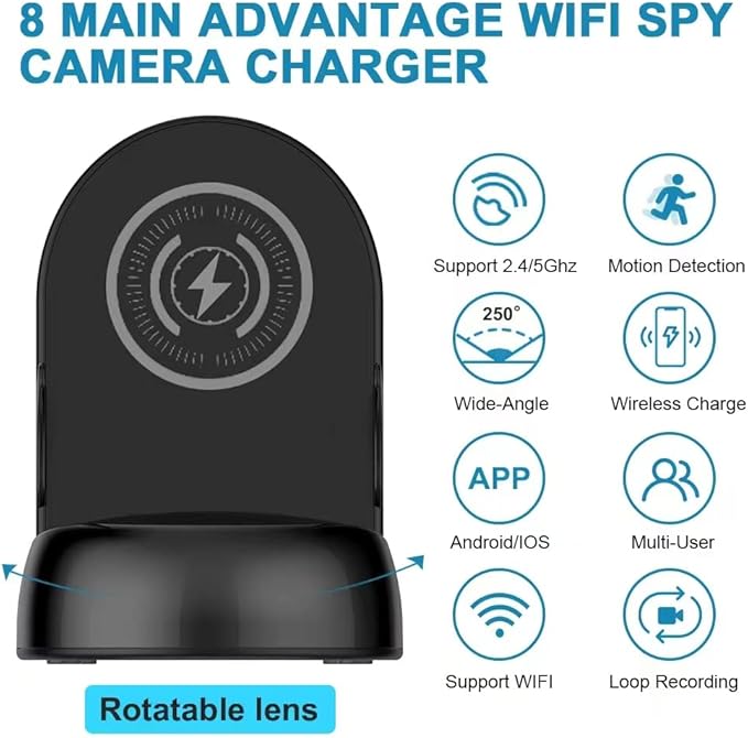 Dome Security Camera, 2.4/5GHz Smart Indoor Baby/Pet Monitoring Cam with Wirless Charger, Motion Detection, Phone APP, Rotate Lens 250°Viewing Angle for Home Security