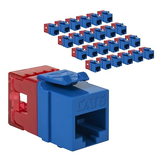ICC CAT6 Keystone Jack with Slim Profile 180 Degree Punch Down, RJ45 UL Listed PoE++ TAA Compliant for Wall Plate or Patch Panel, Works with JackEasy Termination Tool, Blue 25 Pack