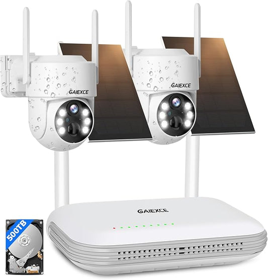 Wireless Solar Camera System Outdoor, 2PCS 4MP Home Battery Camera with 500GB HDD, 【No Monthly Fee】, Pan Tilt 360° View, PIR Motion Detection, Color Night Vision, IP66, 2-Way Audio