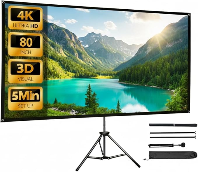 80 Inch Projector Screen with Stand, Portable 4K HD PVC Projection Screen, Tripod Projector Screen with Carrying Case for Indoor&Outdoor Movie Night, Wrinkle-Free,16:9