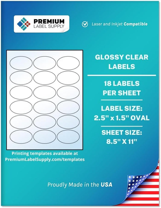 Premium Label Supply Glossy Clear Sticker Oval Labels â 2.5" x 1.5" Oval â Laser/Inkjet Compatible â (18 per Sheet), 1000 Sheets â 18,000 Total Adhesive Labels