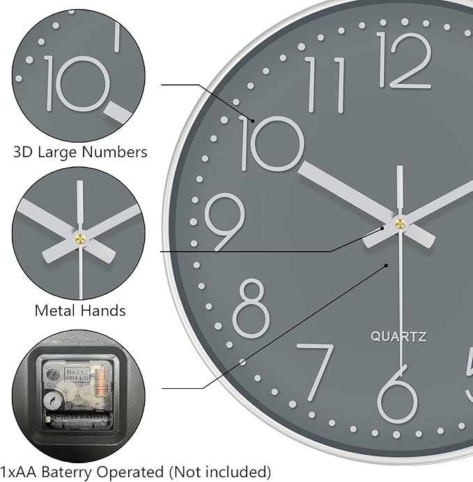 Modern Silent Wall Clock - 12 Inch Wall Clocks Battery Operated Large Number, Non-Ticking Analog Clock with Tempered Glass Quartz Clocks for Living Room Bedroom Office Kitchen, Grey