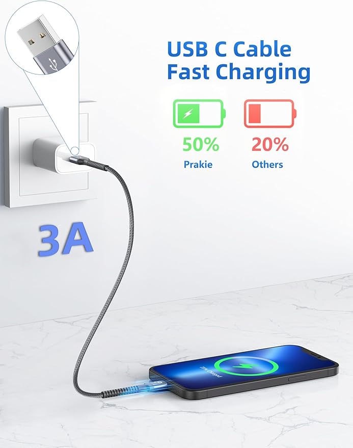 PRAKIE USB C Cable Fast Charging, 2Pack 1FT USB A to USB C Charge Cable, Short USB Type C Charging Cord Compatible with iPhone 17/16/15/Samsung Galaxy S20 S10/Google/Plus Note 10 9 8