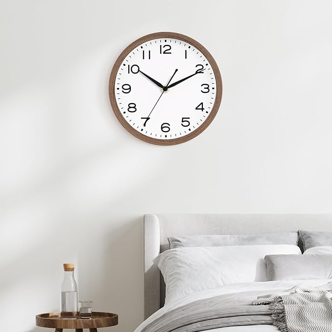 AKCISOT Wall Clock, Modern Small Wall Clocks Battery Operated 10 Inch, Silent Non-Ticking Analog Classic for Office, Home, Bathroom, Kitchen, Bedroom, School(Walnut Grain)