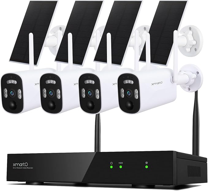 xmartO WiFi 6 Long Range Wire-Free Solar Home Security Camera System Wireless, 4-Set 4MP QHD CCTV Camera Kit with 4K 10CH Expandable WiFi NVR(Suitable for Indoors/Outdoors)