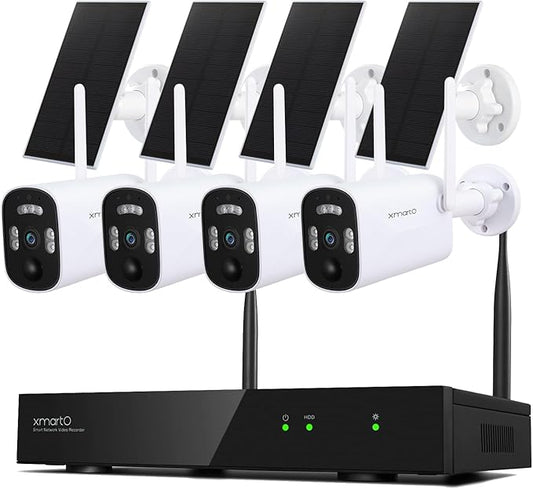 xmartO WiFi 6 Long Range Wire-Free Solar Home Security Camera System Wireless, 4-Set 4MP QHD CCTV Camera Kit with 4K 10CH Expandable WiFi NVR(Suitable for Indoors/Outdoors)