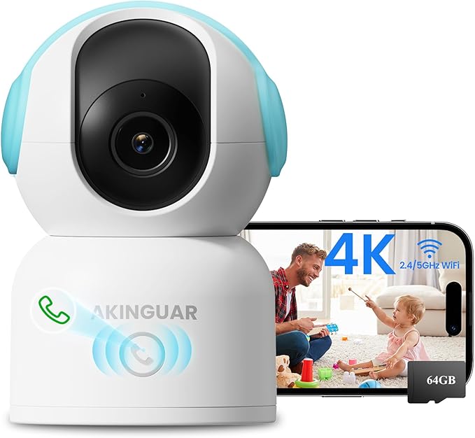 4K 8MP Indoor Security Camera, WiFi Camera with 64GB Memory Card, 360° Pan/Tilt IP Surveillance Camera, Auto Tracking, AI Human/Baby Cry/Pet Detection, Night Vision, 2-Way Audio