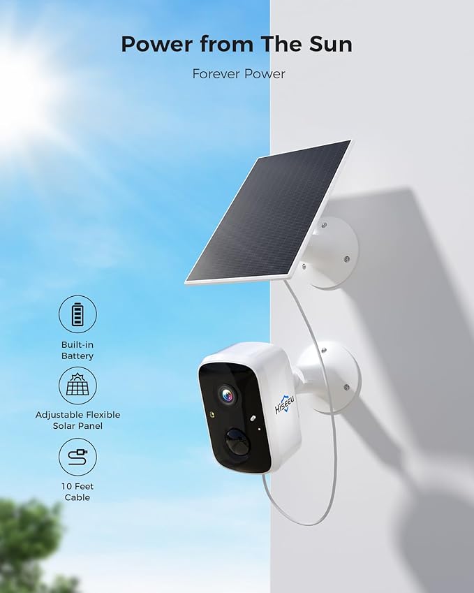 Hiseeu Security Cameras Wireless Outdoor, 2 Cam-Kit, Expandable to 10CH, No Monthly Fee, Solar-Powered, Home Security Cameras System with 2K Color Night Vision, Easy Setup, 2.4G & 5G WiFi