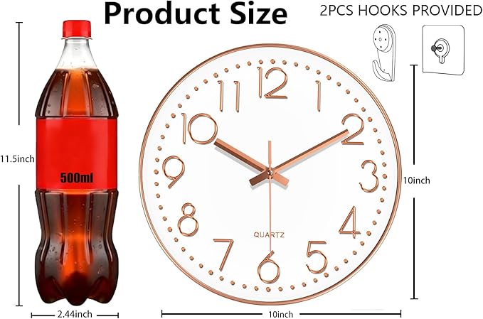Wall Clock, Silent Wall Clocks Battery Operated 10 Inch- Modern Non Ticking Analog Clock with Large Numerals Tempered Glass Clocks for Bedroom, Living Room, Kitchen, Office Decor, Rose Gold