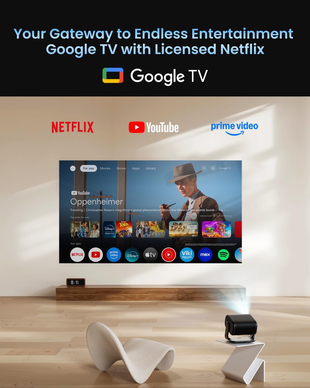 Dangbei MP1 MAX Triple Laser 4K Projector - 3100 ISO Lumens, 110% BT.2020, Google TV with Netflix Officially, 300'' Display, 2x12W Dolby Audio DTS:X, HDR10+, Blu-ray 3D