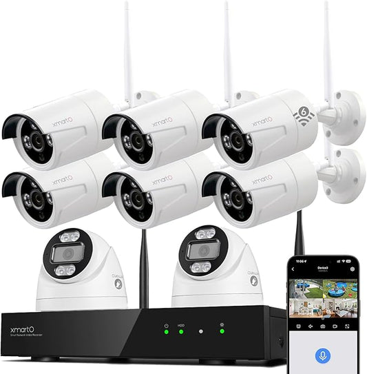 xmartO 10CH 8 Pcs Home Security Camera Kit, 2 * 2K HD Dome Camera and 6 * 2K 3MP Super HD WiFi Home Security Camera, 2-Way Audio, Night Vision, 24/7 Surveillance Camera, No Monthly Fee