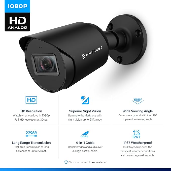 Amcrest Full HD 1080P Bullet Outdoor Security Camera (Quadbrid 4-in1 HD-CVI/TVI/AHD/Analog), 2-Megapixel, 98ft Night Vision, Metal Housing, 3.6mm Lens 90° Viewing Angle, Black (AMC1080BC36-B)