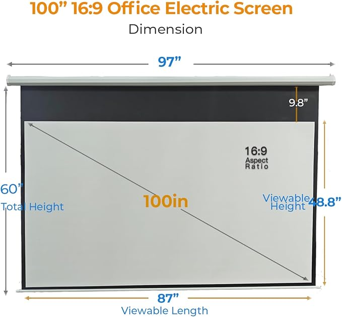 100 Inch Motorized Projector Screen - 16:9 HD Electric Movie Screen with Remote Control, Wall/Ceiling Mounted for Home Theater, Office, Wrinkle-Free Projection Screen for Indoor Use (White)