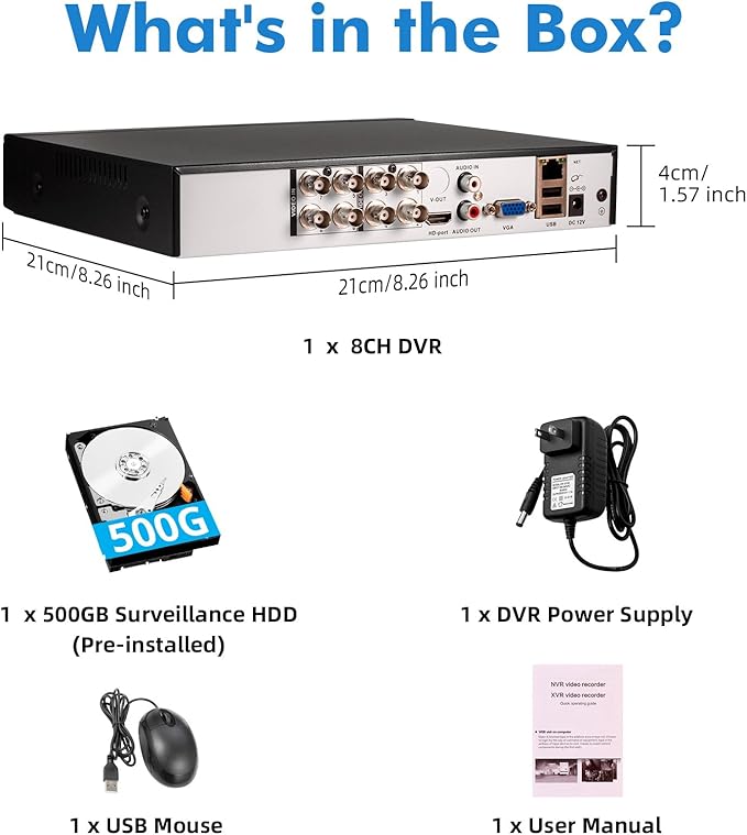 Fuers H.265+ 5MP 8 Channel CCTV DVR Recorder with 500G HDD, Face Detection, Alert Push, Hybrid Capability 6-in-1(XVI/AHD/CVBS/TVI/CVI/IPC) 2592p HD Surveillance DVR for Security Camera
