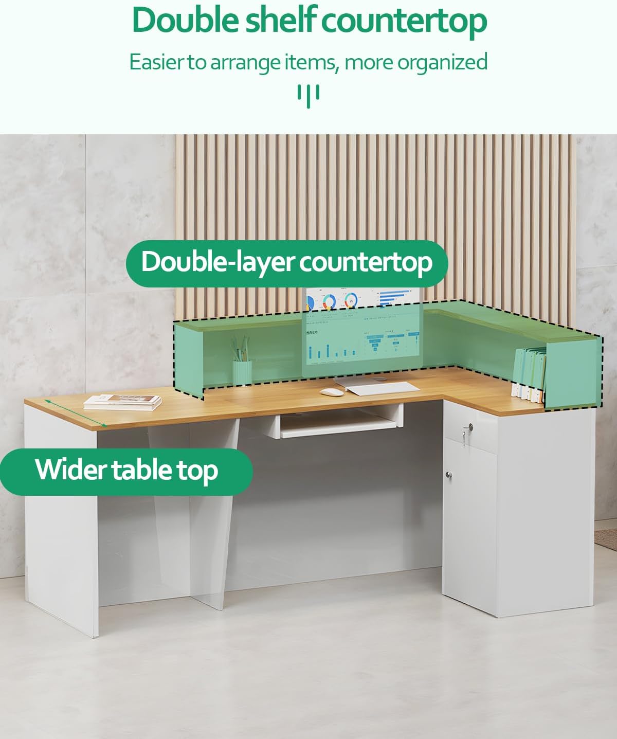 L Shaped Reception Desk, Solid Wood Front Desk with Counter & Lockable Drawers, Retail Checkout Customer 2 Person Secretary Desks for Home Office Lobby Store (63in,Right)
