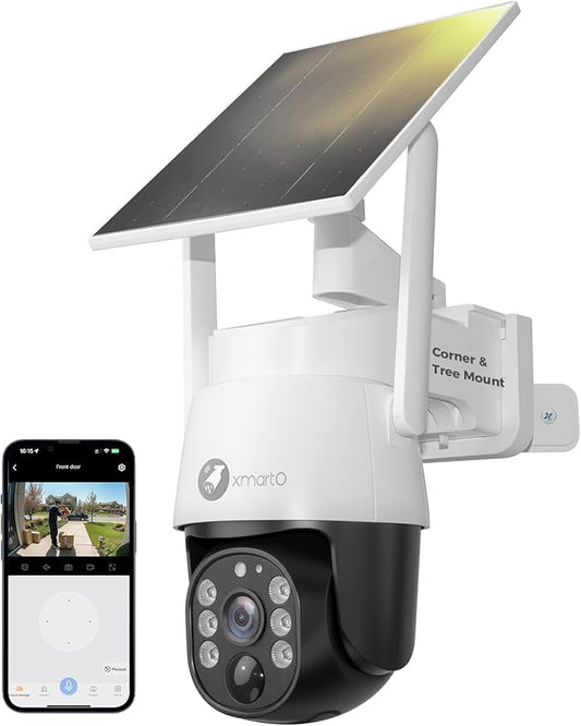 xmartO 4MP QHD Wireless PTZ Solar Security Camera Outdoor/Indoor for Homes, WiFi 6 5G Dual Band, Wire-Free Easy Installation, No Monthly Fee (Wall/Ceiling/Corner/Tree/Pole Installation, SDK4034)