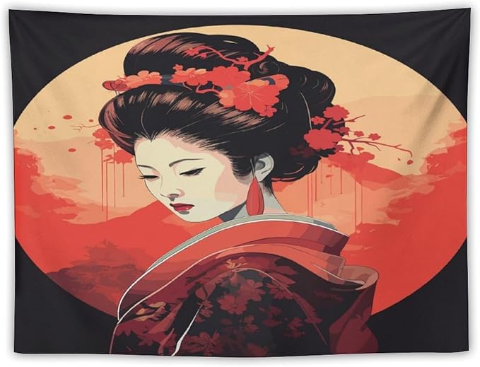 Japanese Woman Geisha Tapestry Asian Cherry Blossom Red Sun Traditional Kimono Folk Tapestries Home Decor for Living Room Bedroom Apartment Farmhouse Dorm 40"x30"