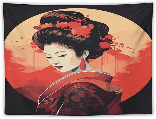 Japanese Woman Geisha Tapestry Asian Cherry Blossom Red Sun Traditional Kimono Folk Tapestries Home Decor for Living Room Bedroom Apartment Farmhouse Dorm 60"x50"