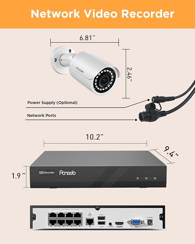 8 Channel Security Camera System, 4K 8CH PoE NVR 2TB HDD, 8PCS 5MP Wired Outdoor Surveillance IP PoE Cameras, Human Detection, Remote Access, Built-in mic,100ft IR Night Vision, PB37F0808-5M