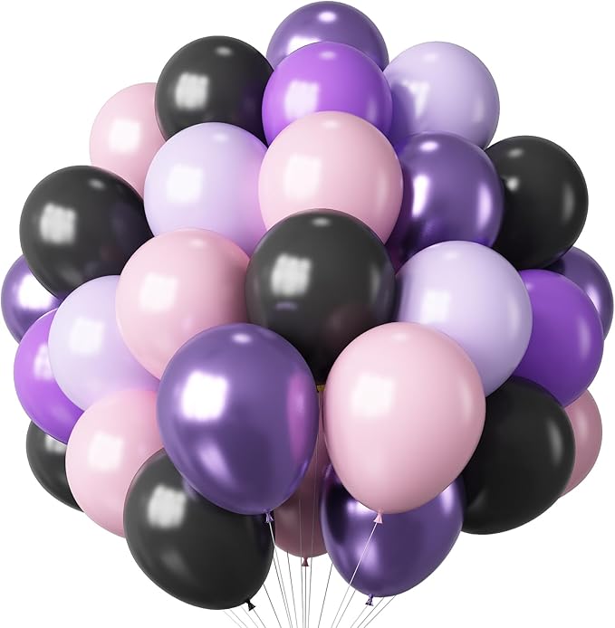 Purple Pink Black Balloons 12 Inch Pastel Pink Purple Black Latex Helium Balloon Purple Metallic Party Balloons for Girls Cartoon Anime Birthday Baby Shower Halloween Party Decorations