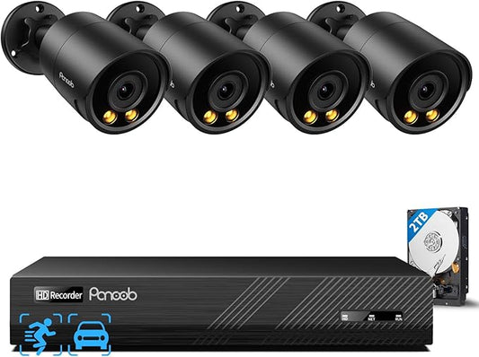 Security Camera System PoE, 4X 4MP Wired Bullet IP Cameras Outdoor Built-in Microphone, AI Human Vehicle Detection, 5MP 8CH NVR with 2TB HDD, Smart Color Night Vision, Black, PB38F30408-4MD