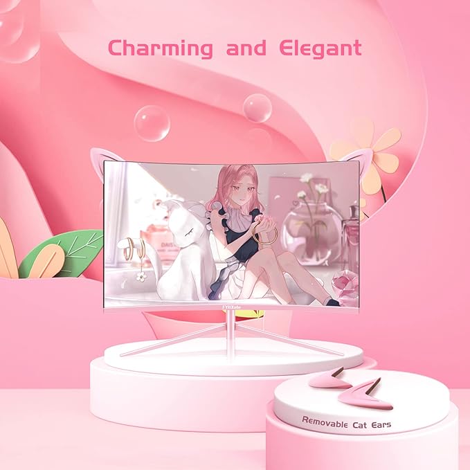 FY27QHP Pink Monitor 27 Inch Curved Gaming 165Hz - Support 144Hz 1800R 1ms QHD 2560 x 1440P VA Screen, Built-in Speakers, AMD Free-Sync, HDMI, DP, USB, AUX, Tilt Adjustable