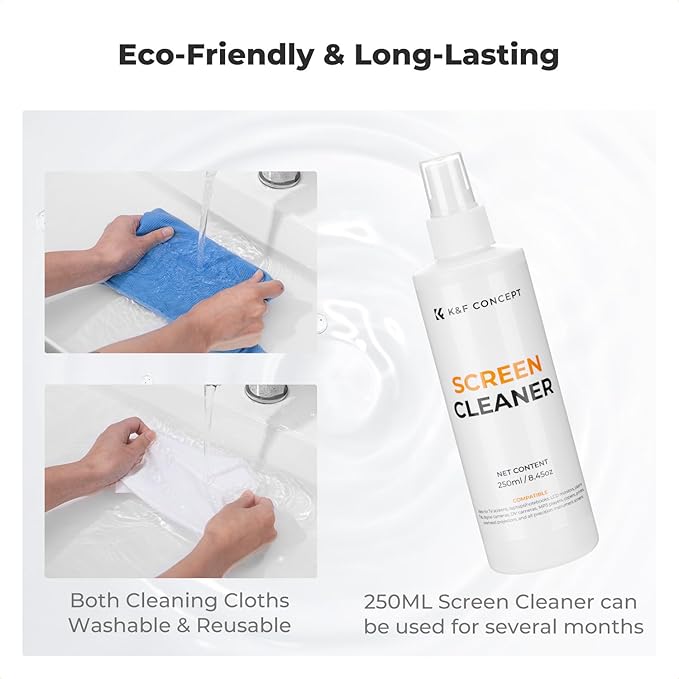 K&F CONCEPT 250ML Screen Cleaner Spray + Large Pearl Cloth + Microfiber Cloths*2 + 4 Brushes - Travel Size Electronic Cleaner for Car, Computer, Laptop, iPad, MacBook, Phone, Watch, Eyeglass