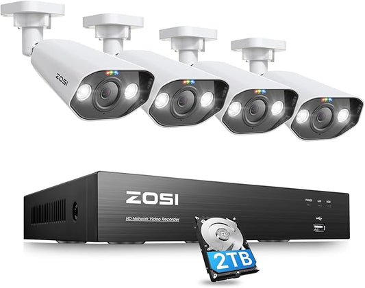 ZOSI 4K PoE Security Camera System,Person Vehicle Detection,8 Port 16CH 8MP NVR with 2TB HDD,4pcs 4K Outdoor Indoor PoE IP Cameras,2 Way Audio,Spotlight Siren,Color Night Vision,for 24/7 Recording
