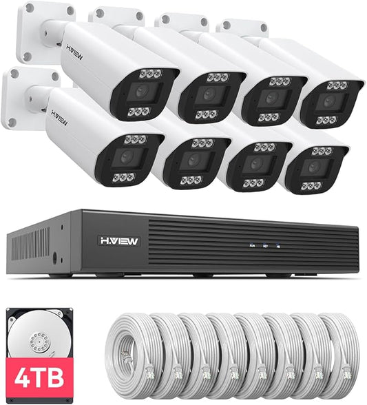 H.VIEW 8 Channels 4K Home Security Camera System, 4TB HDD Preinstalled, 8 PCS Outdoor 8MP POE Security Camera, Trigger Color Night Vision, Two-Way Audio, Human Body Detection, Smart Dual Illumination