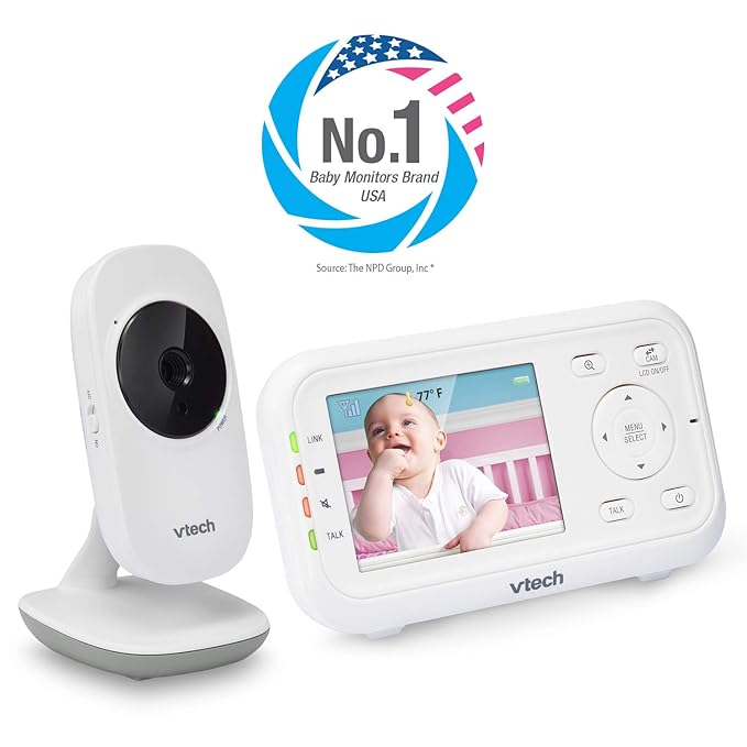 VTech VM3252 No WiFi Video Baby Monitor - 2.8" Screen, 1000ft Long Range, Auto Night Vision, 2-Way Talk, Temperature Sensor, Lullabies