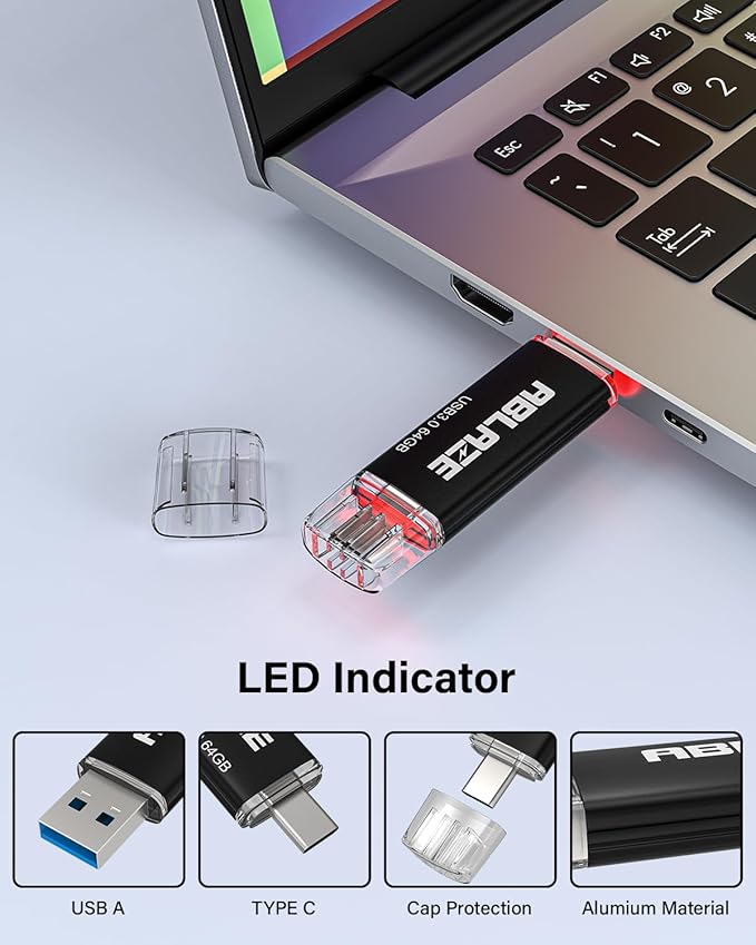 ABLAZE Type C Flash Drive 64GB 5 Pack, Dual USB 3.0+USB C Flash Drive Compatible with iPhone 16/15, Android Smartphone, Computer,Tablet Mac Laptop (5 Pack)