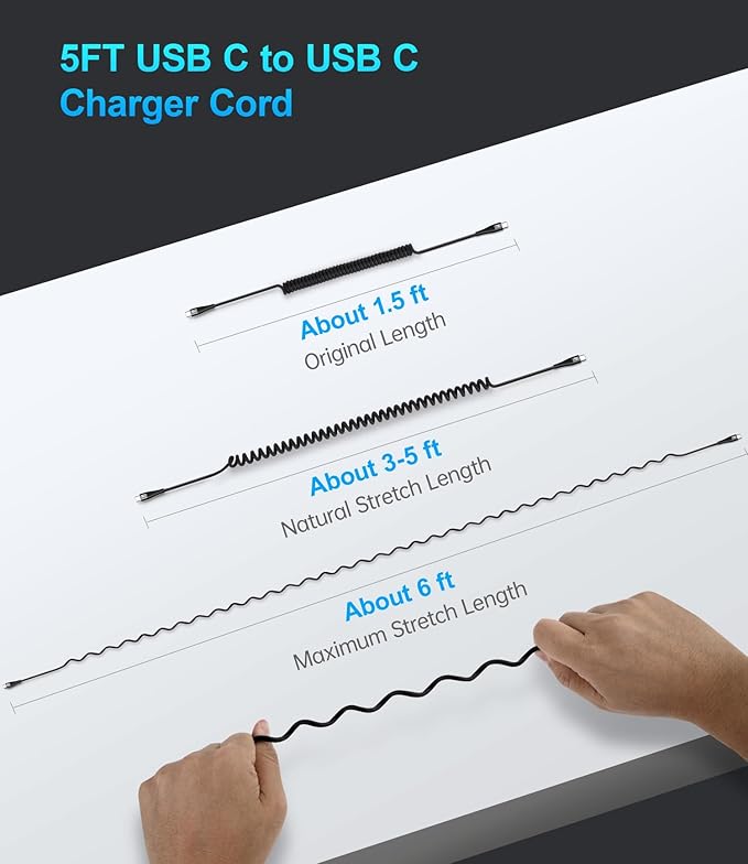 Coiled USB C to C Cable for Car 5FT, USB Type C Charger Cable Short USBC Fast Charging Cable for iPhone 17/16/15/Pro/Plus/Pro Max/Samsung Galaxy S23, Compatible All Type C Devices-Black 2Pack
